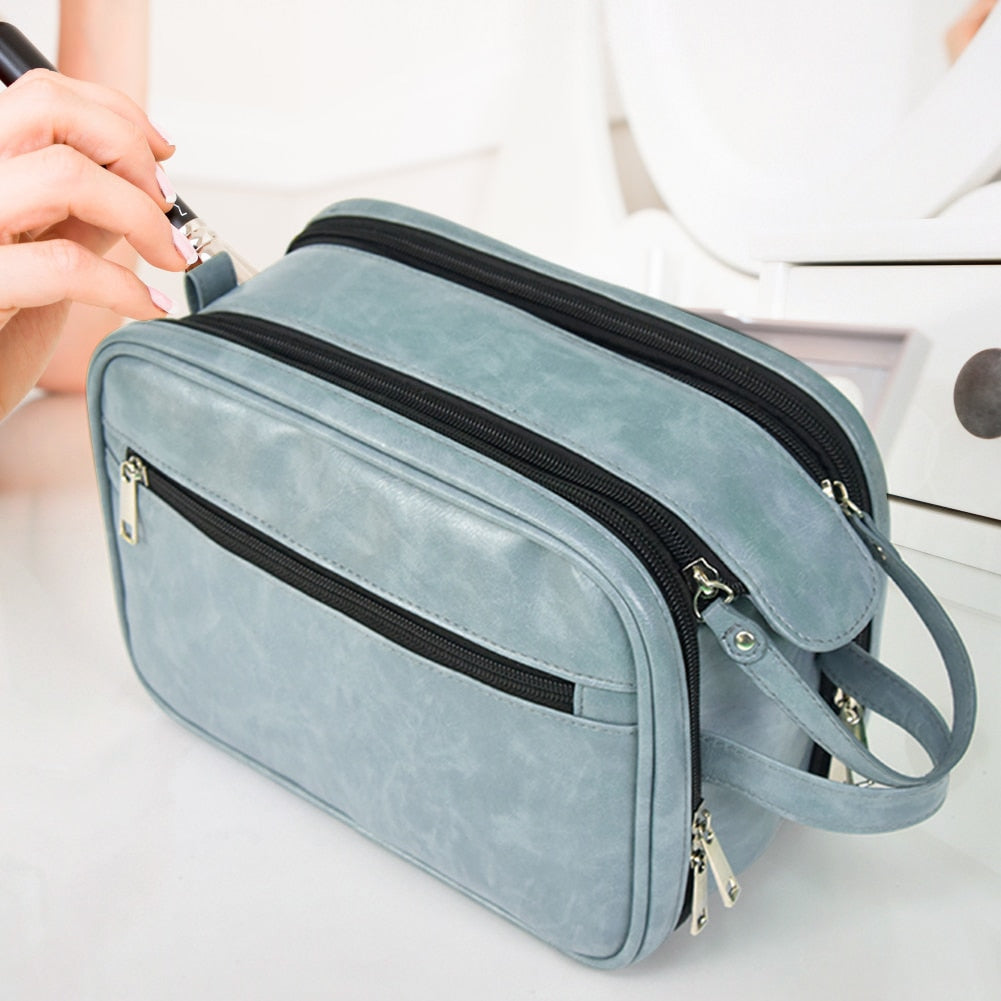 Dual-Zipper PU Leather Toiletry Bag