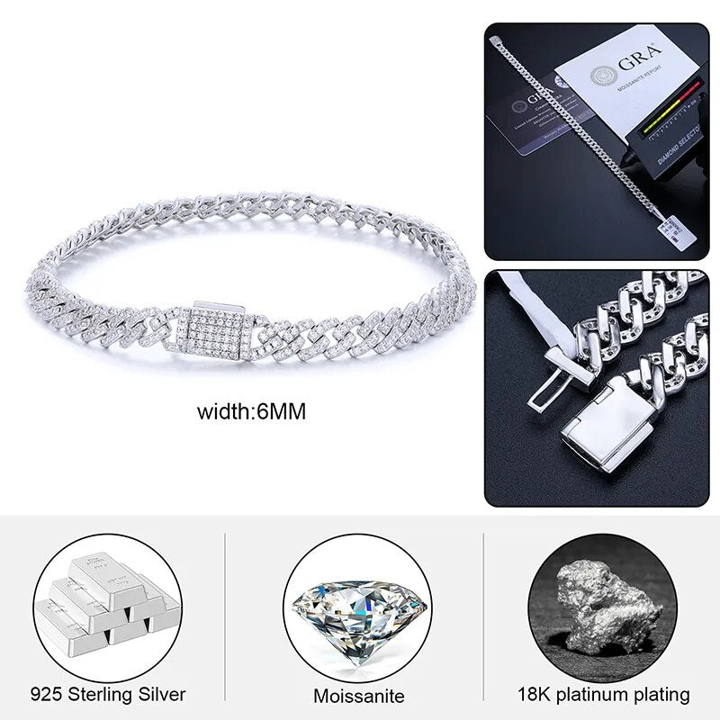 Luxury Brilliance: 925 Sterling Silver Moissanite Diamond Cuban Bracelet