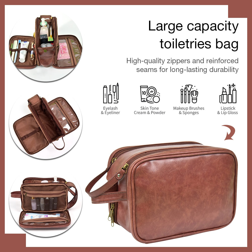 Dual-Zipper PU Leather Toiletry Bag