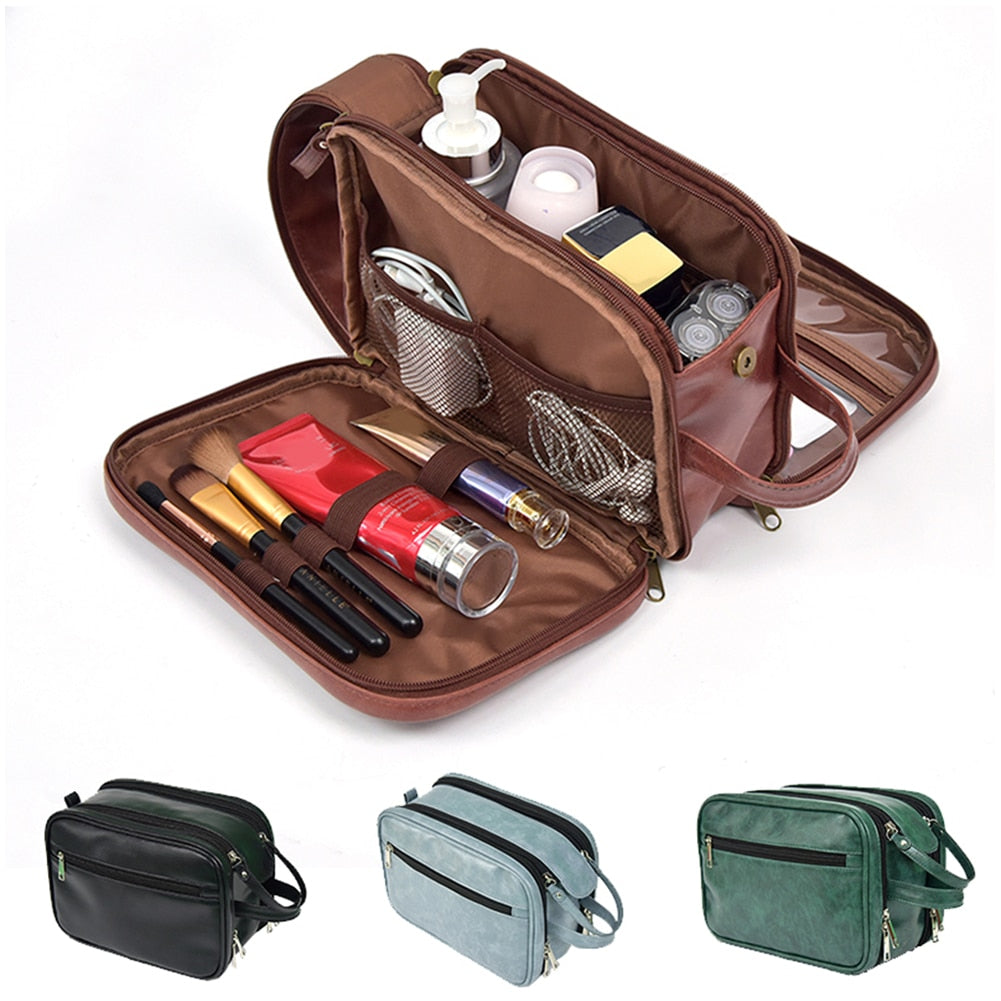 Dual-Zipper PU Leather Toiletry Bag