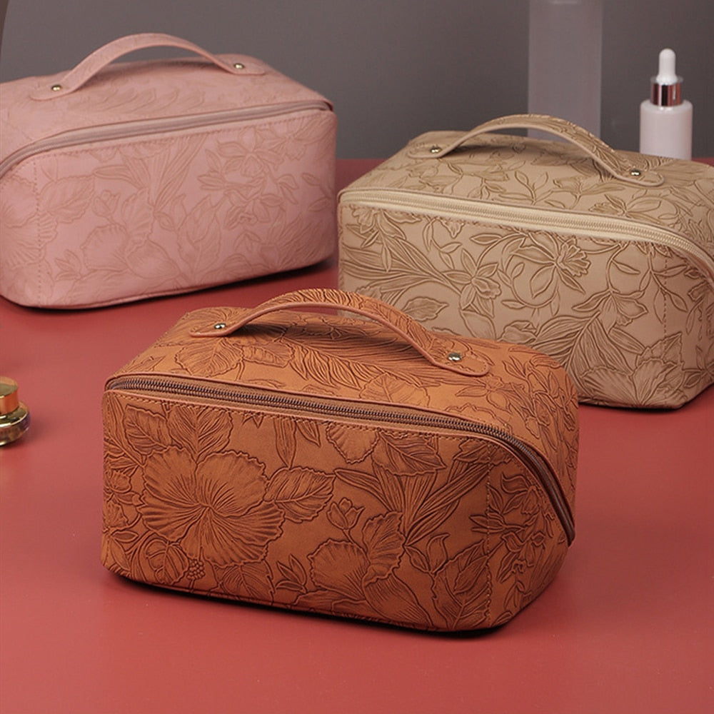 Embossed Floral Pattern PU Leather Cosmetic Bag